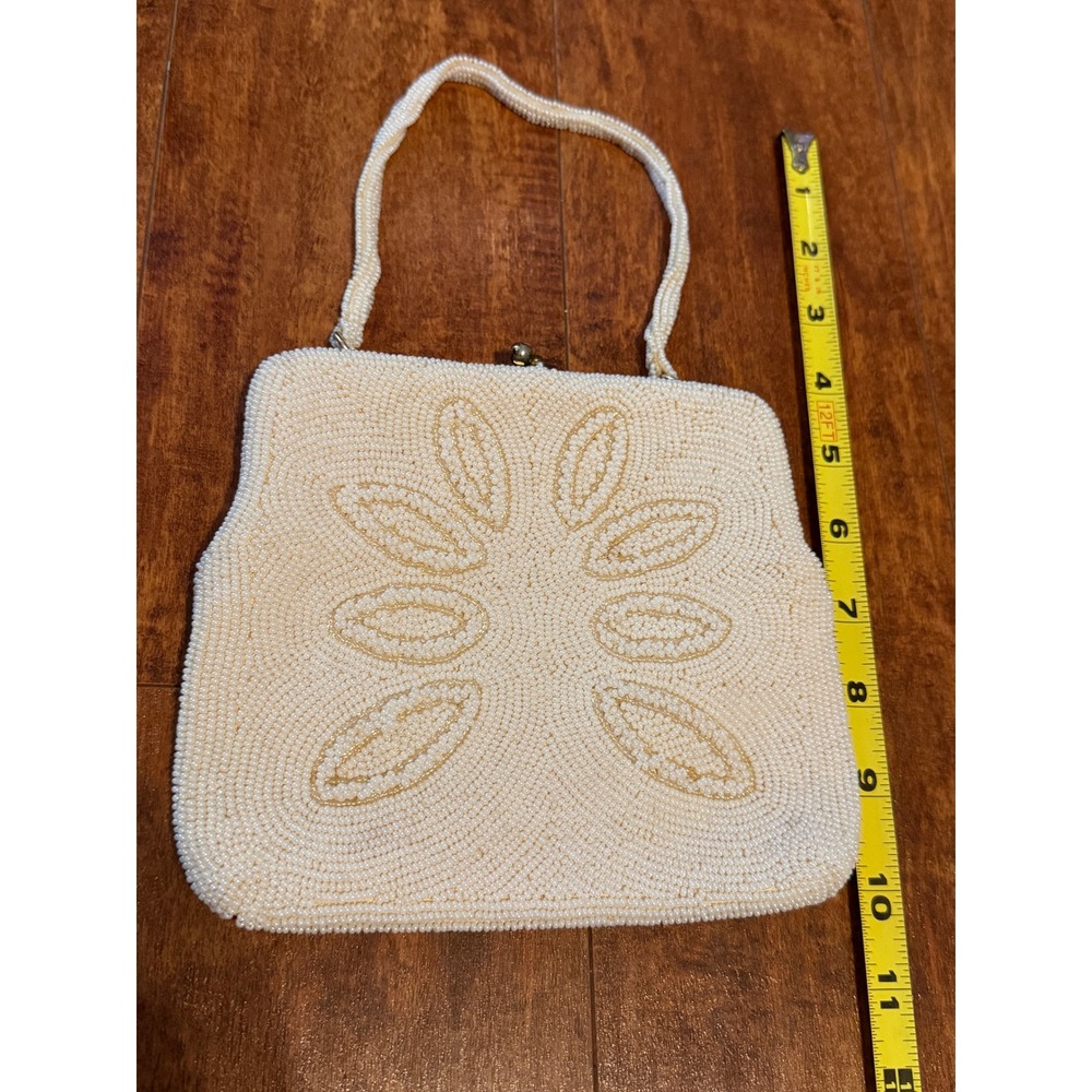 Vintage Cream Beaded Floral Evening Handbag Kiss Lock Bridal Clutch Bag